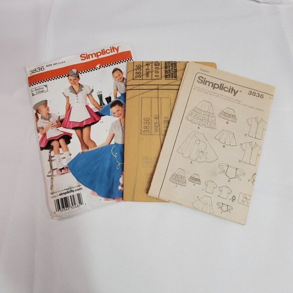 Simplicity Pattern 3836 UNCUT Girls Waitress Poodle Skirt Costume W Hat Size HH - Picture 2 of 6